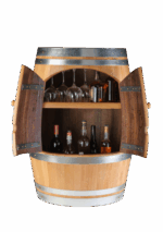 Tonneau bar en chêne verni 225L avec étagère intérieure et portes en façade