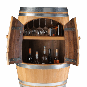 Tonneau bar en chêne verni 225L avec étagère intérieure et portes en façade