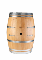 Vue intérieure du meuble bar en fût avec rangement pour bouteilles et verres