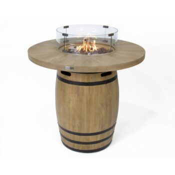 Table brasero tonneau avec flamme allumée au centre