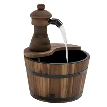 Fontaine tonneau rustique en bois brûlé avec pompe intégrée
