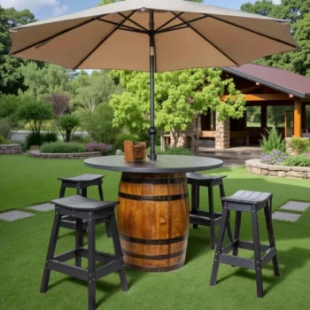 Table tonneau extérieure avec plateau rond en polybois recyclé